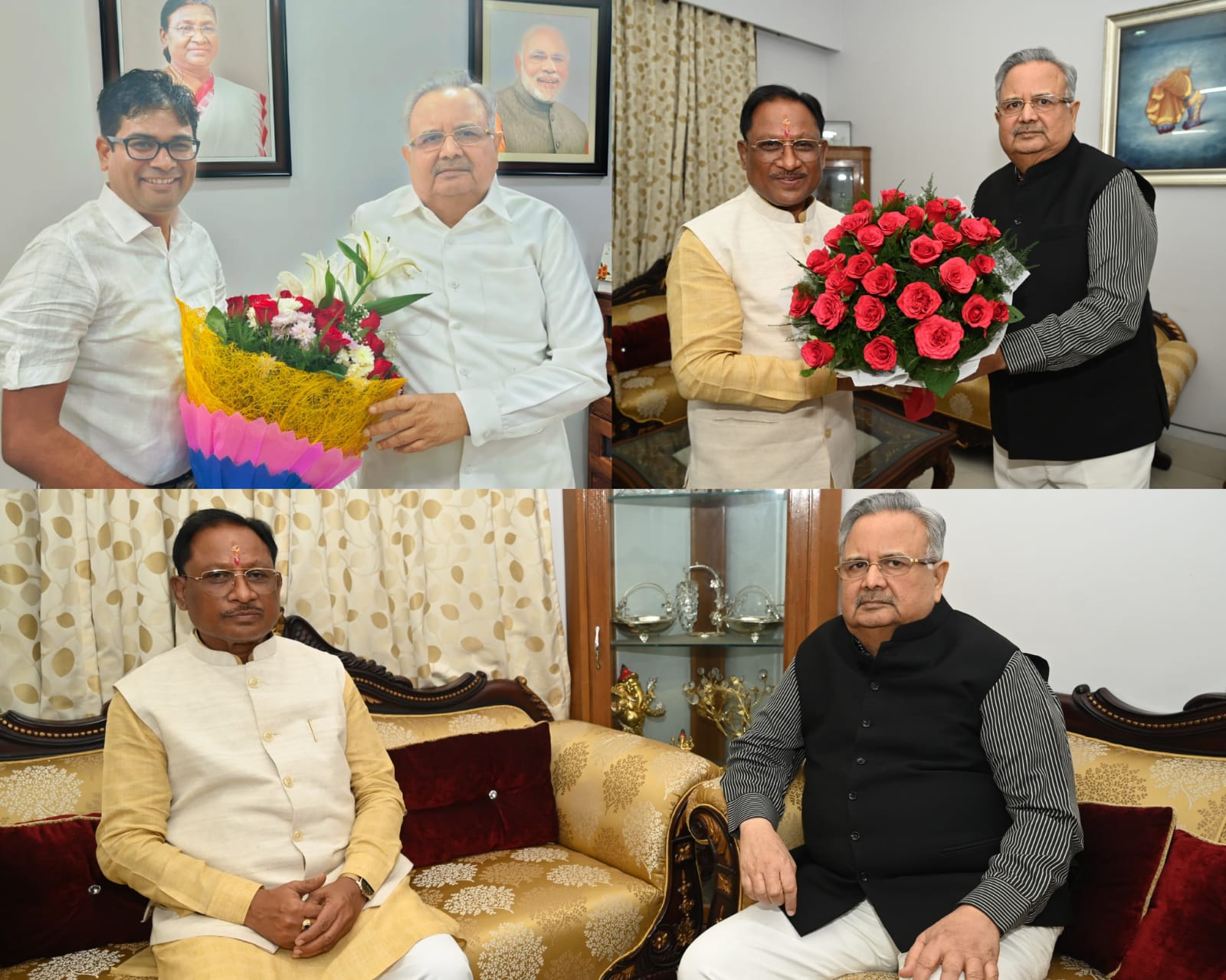 विधानसभा अध्यक्ष डॉ रमन सिंह से मिलने पहुंचे मुख्यमंत्री विष्णुदेव साय और वित्त मंत्री ओपी चौधरी